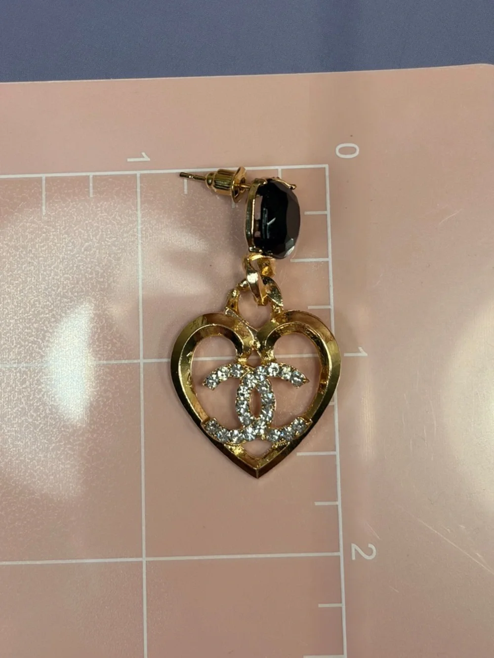 Classic Gold Tone Heart Drop Earrings with Black Stone and Crystal Accents